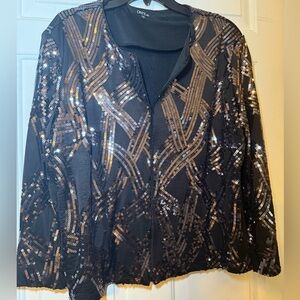 Onyx Nite Black Silver Sequined Zipped Blouse XL Glitzy Night Out USA New Years